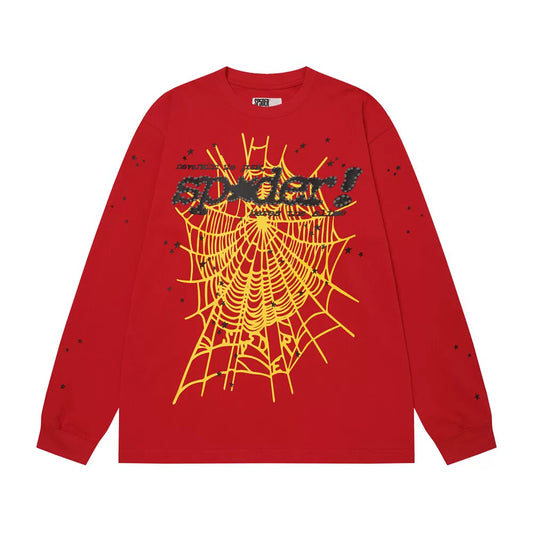 Sp5der Web Graphic Print Red Long Sleeve Casual T-Shirt
