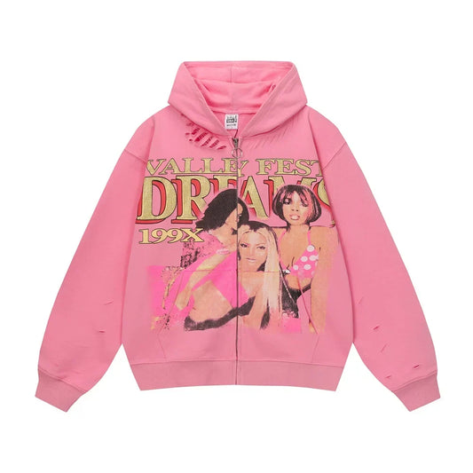 Vale Forever "Valley Fest Dreams 199X" Vintage Zip-Up Hoodie (Pink)