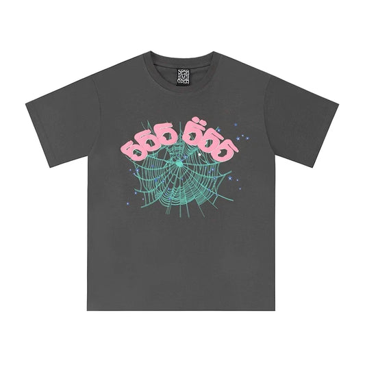 Sp5der 555 555 Teal Web & Pink Numbers Graphic Charcoal Grey Short Sleeve T-Shirt