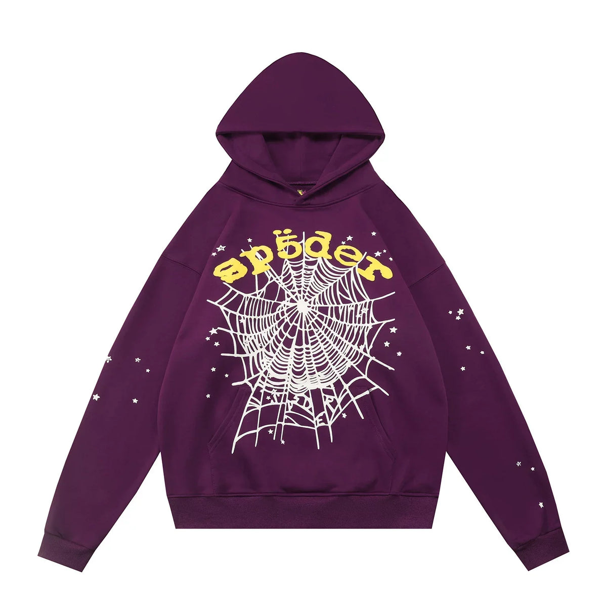 Sp5der Yellow Typography & Web Deep Purple Pullover Hoodie