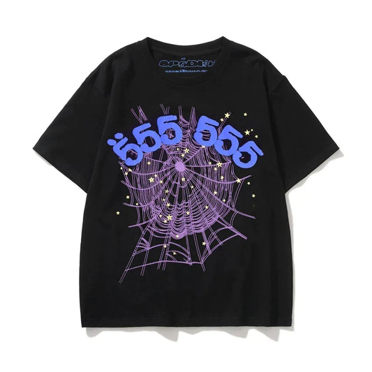 Sp5der Purple Spider Web & Blue "555 555" Graphic Black Short Sleeve T-Shirt