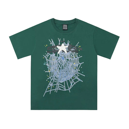 Sp5der Web & White Star Graphic Dark Green Short Sleeve T-Shirt