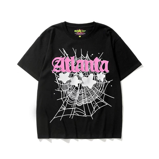 Sp5der Atlanta Web & White Stars Graphic Black Short Sleeve T-Shirt