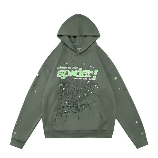 Sp5der "sp5der!" Spider Web Foam Print Rhinestone Army Green Pullover Hoodie