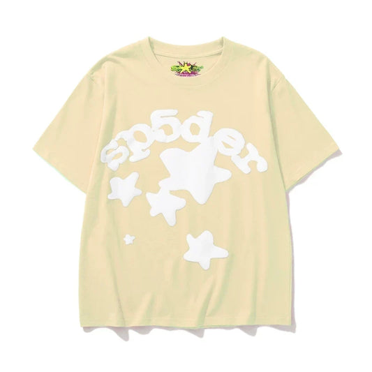Sp5der Star & White Letter Graphic Light Yellow Short Sleeve T-Shirt