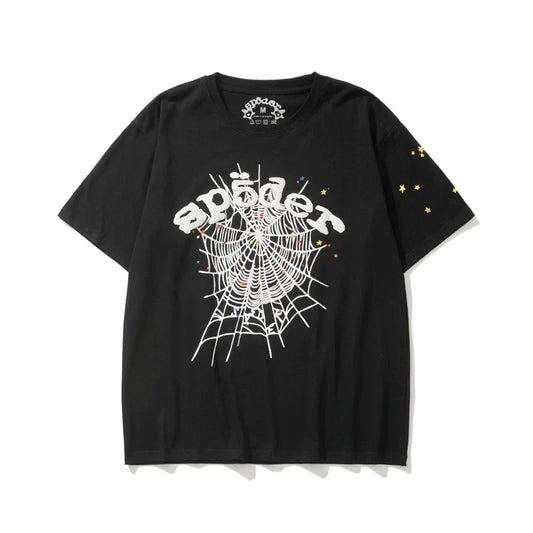 Sp5der White Web & Multicolor Star Graphic Black Short Sleeve T-Shirt