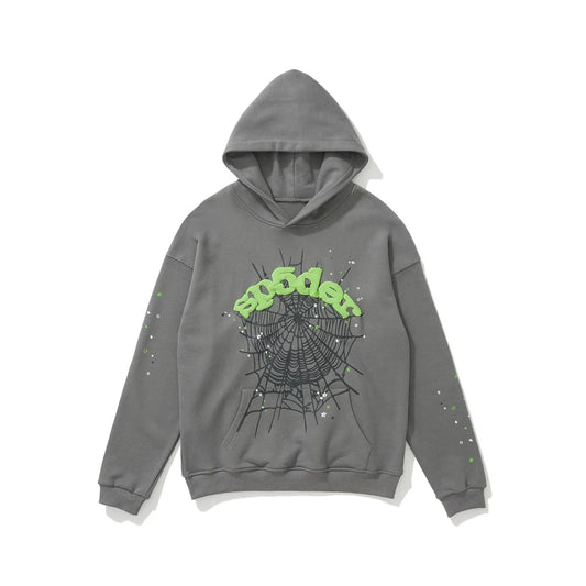 Sp5der Arch Logo Spider Web Grey and Green Pullover Hoodie