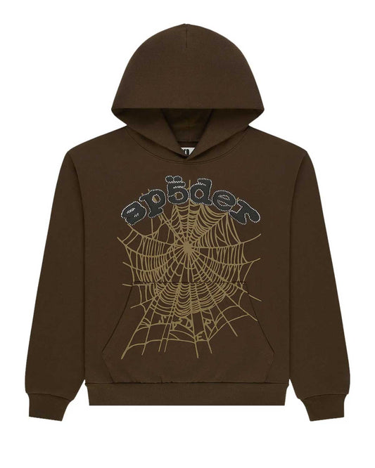 Sp5der OG Web Rhinestone Hoodie Brown